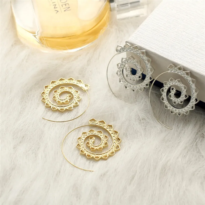 M-MISM-New-Hollow-Out-Ethnic-Boho-Earrings-Vortex-Gear-Golden-Sliver-Color-Big-Drop-Earrings