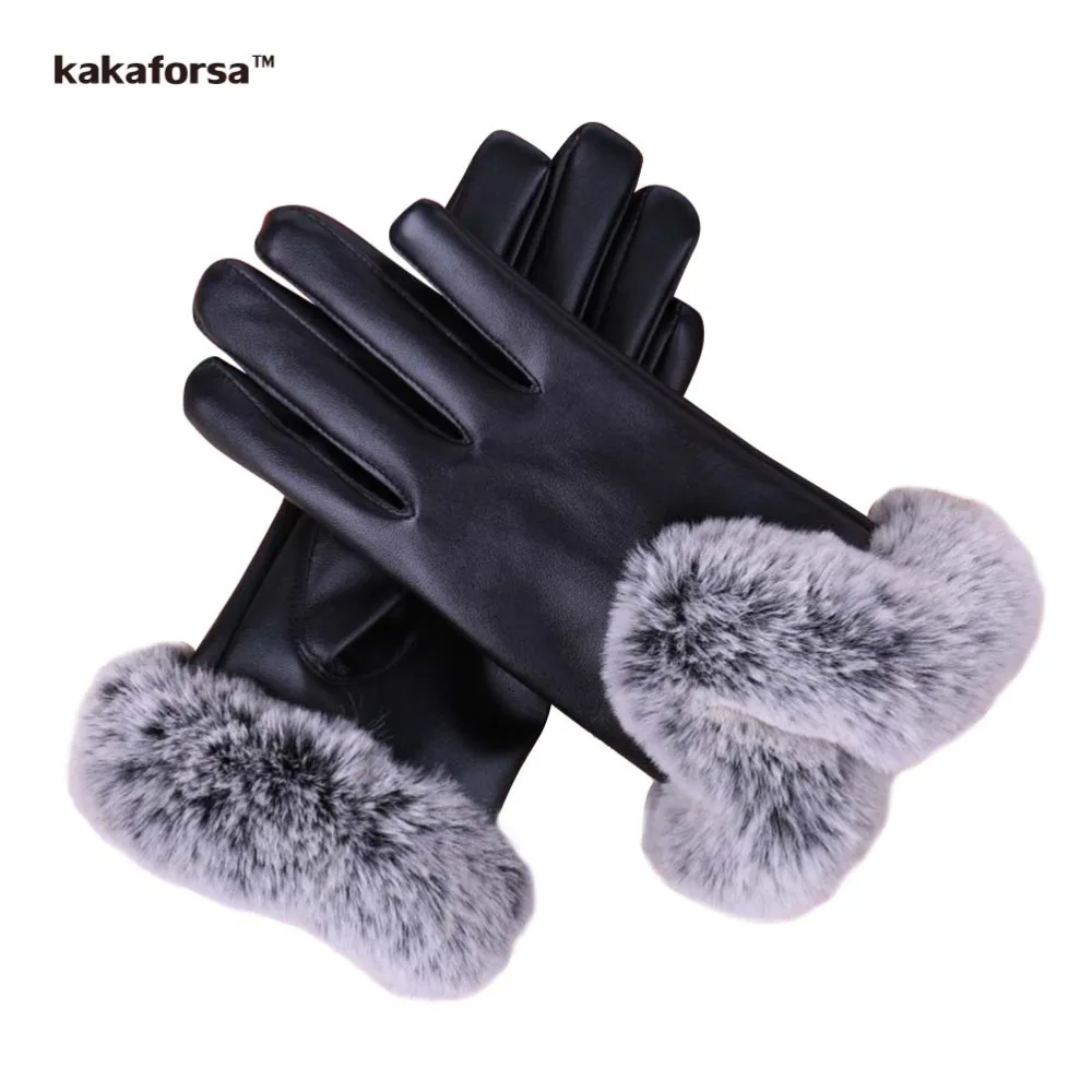 Kakaforsa سيدة سماكة الشتاء قفازات الأزياء الدافئة رشاقته أنيقة بو الجلود نوعية جيدة فو الفراء المعصم قفاز دافئ