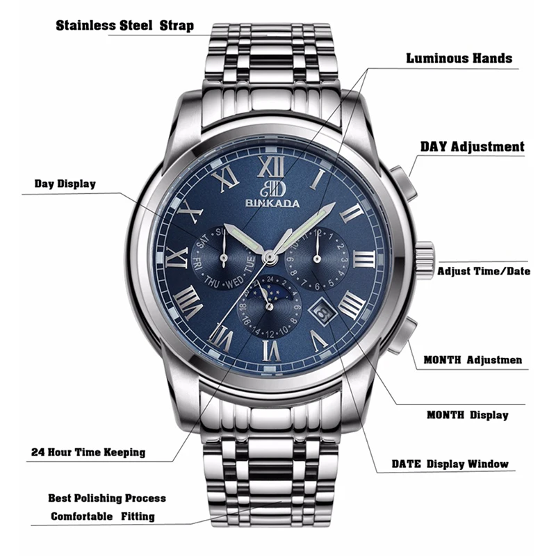 BINKADA спортивные часы мужские черные Автоматические механические New Moon Phase