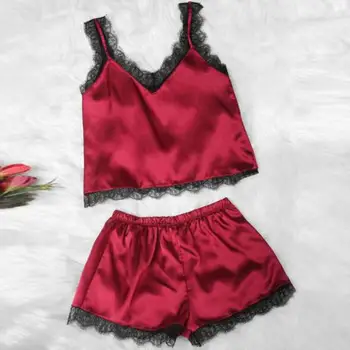 

2PCS Sexy Pajamas Set Women Satin Ladies Shorts V Neck Women Sleepwear Nightwear Homewear Lace Trim Cami Top Solid Lingerie #137