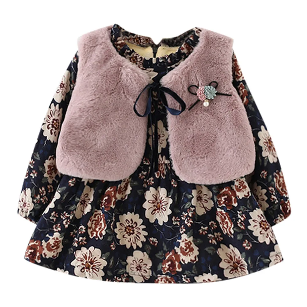 

TELOTUNY Baby Dress Cotton Newborn Children Baby Girl Warm Floral Faux Fur Vest Dresses Princess Fashion Dress Set Outftis JAN30