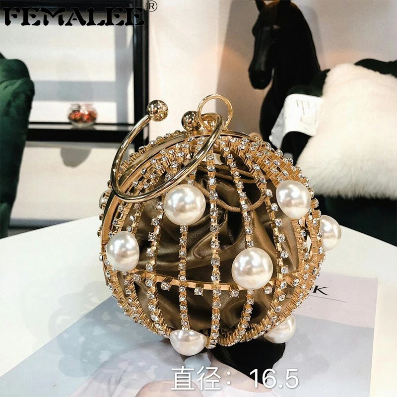 Ball Shaped Hollow Metal Alloy Party Bag Women Gold Cage Evening Bag Pearl Crystal Wedding Clutch Purses Gift Wristlets Handbags