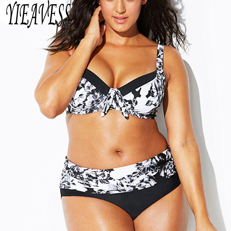 

2019 Large Women Bikini Set Printed Halter Swimming Suit High Waisted Big Retro Swim suits Biquini Plus Size XL-4XL