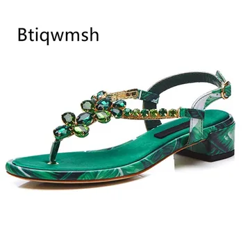 

2019 Green Satin Gladiator Sandals Woman Flip Flops Rhinestone Diamond T-strap Low Heel Shoes Women Fashion Bohemia Sandals