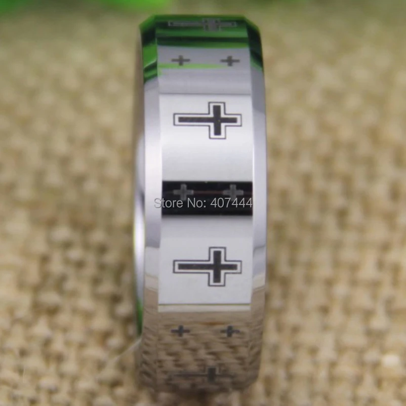 Free Shipping YGK JEWELRY Hot Sales 8MM Shiny Silver Bevel The New Christian Cross Men's Tungsten Wedding Ring
