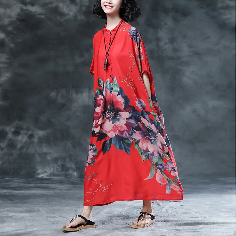 

TVVOVVIN 2019 Summer Womens New Casual Chinese Style Long chiffon Stand Print Button Plus Size Loose And Comfortable Dress H717
