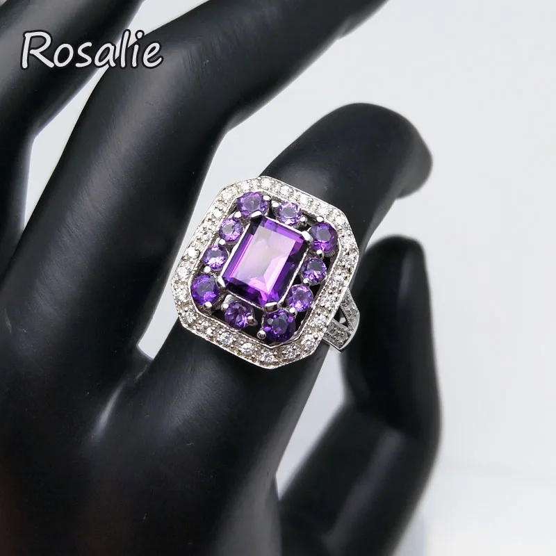 

Rosalie,2018 new Solid Gemstone Ring with 100% Natural emerald cut real amethyst for women wife anniversary party nice gift