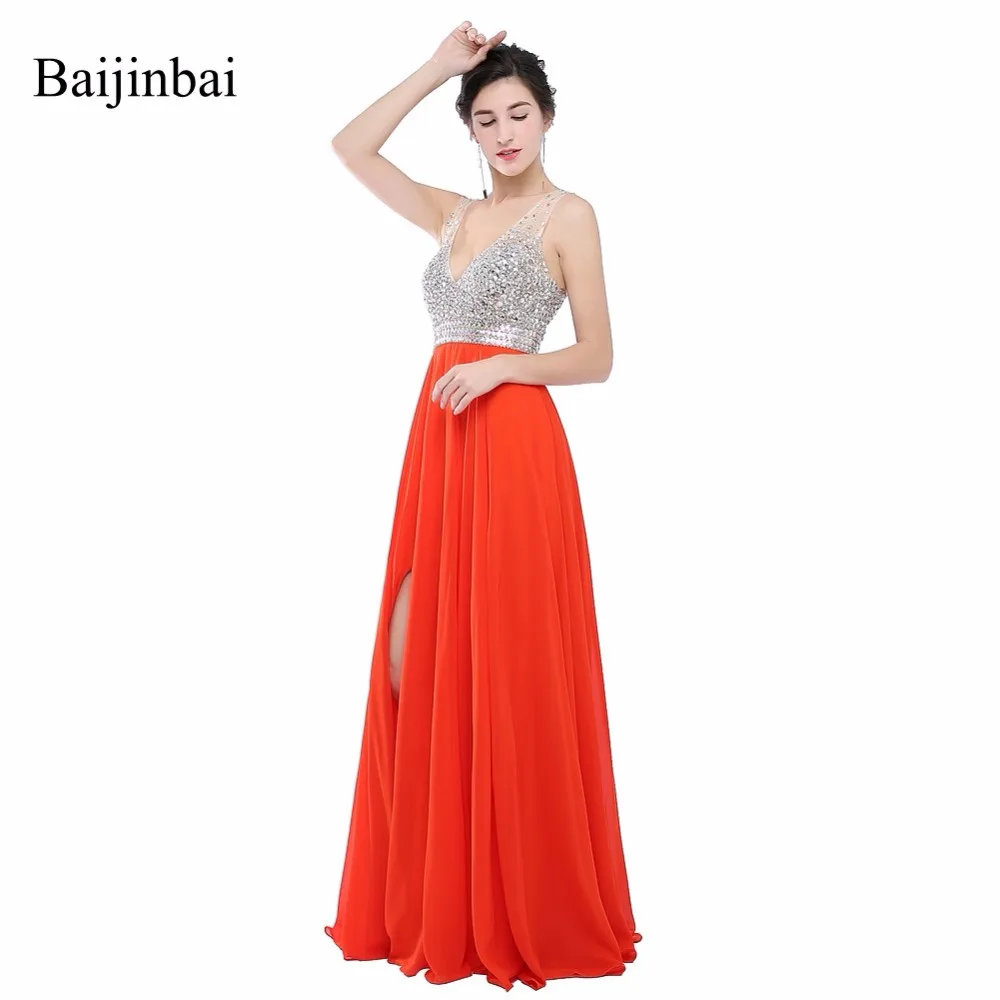 

Baijinbai 100% Real Picture Chiffon A Line Long Prom Dresses 2019 Zipper Beading Sequined Floor Length Women Pageant Dresses 573