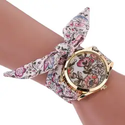 Для женщин летнее платье наручные часы цветок ткань лук кварцевые часы Sweet Girls часы-браслет