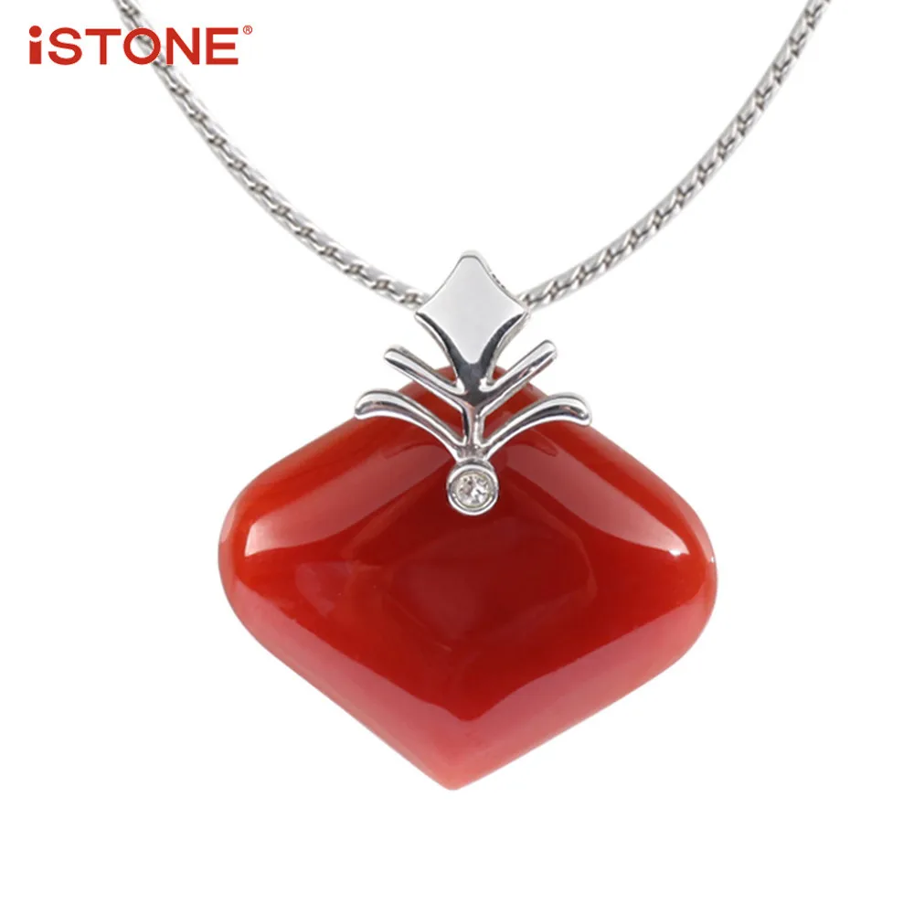 iSTONE 100% Natural Red Agate Pendant 925 Sterling Silver Heart Shape Pendant Necklaces Gemstone Fine Jewelry Gift For Woman