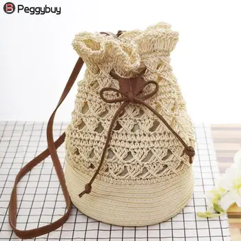 

Handmade Rattan Woven Round Lady's Bucket Handbag Straw Knit Summer Beach Bag Woman Shoulder Messenger Bag Tote