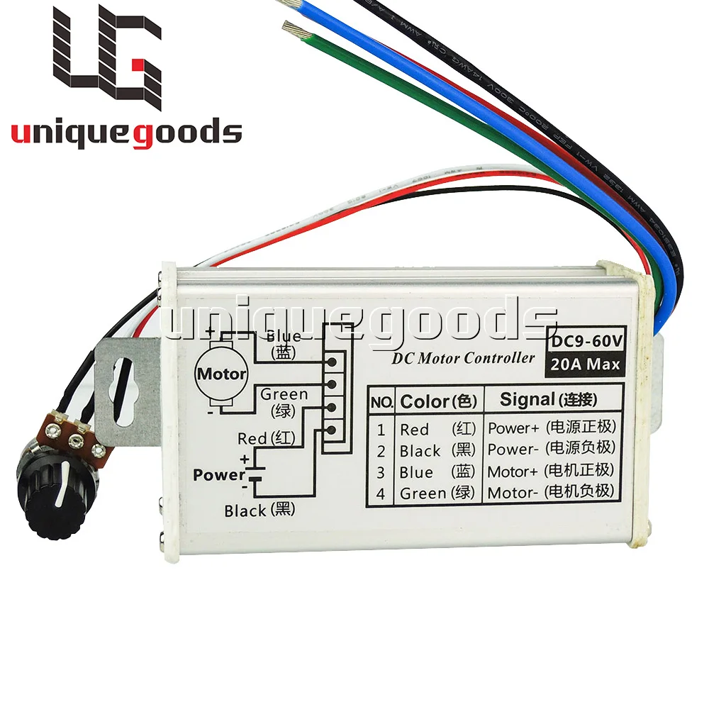 

Free Shipping 9V 12V 24V 36V 48V 60VDC 20A PWM DC Motor Speed Controller Stepless Variable Speed Regulator With Metal Shell
