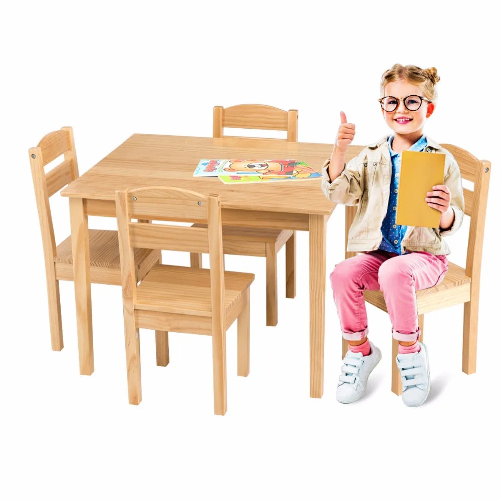 Goplus Kids 5 Piece Table Chair Set Pine Wood Children Play Room Furniture Natural New HW55008NA