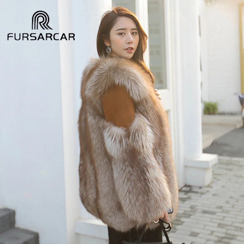 

FURSARCAR Winter Women Real Fox Fur Coat Thick Full Pelt Natural Fur 70cm Long & Full Sleeve Genuine Leather Fox Fur Coat
