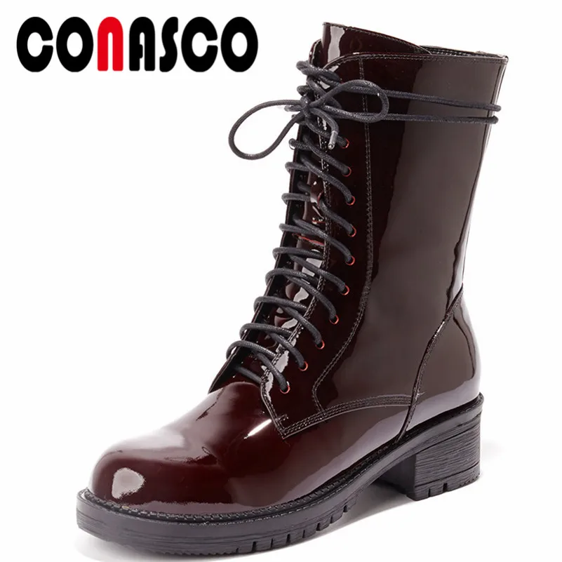 

CONASCO New Punk Women Motorcycle Boots High Heels Warm Autumn Winter Short Martin Shoes Woman Genuine Leather Basic Boots