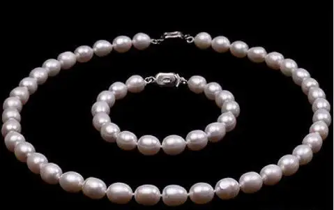 

Women 8-9mm White black pink Rice shape Freshwater Pearl Necklace Bracelet Set