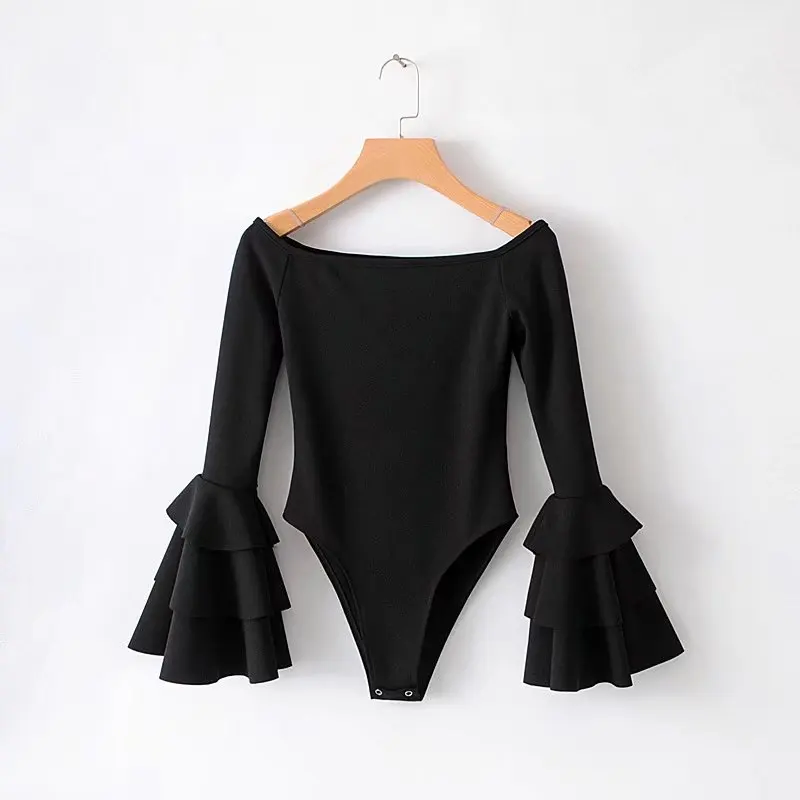 2018 Весна Новая Леди Slash neck комбинезон футболка lotus leaf рукава Длинные тонкий