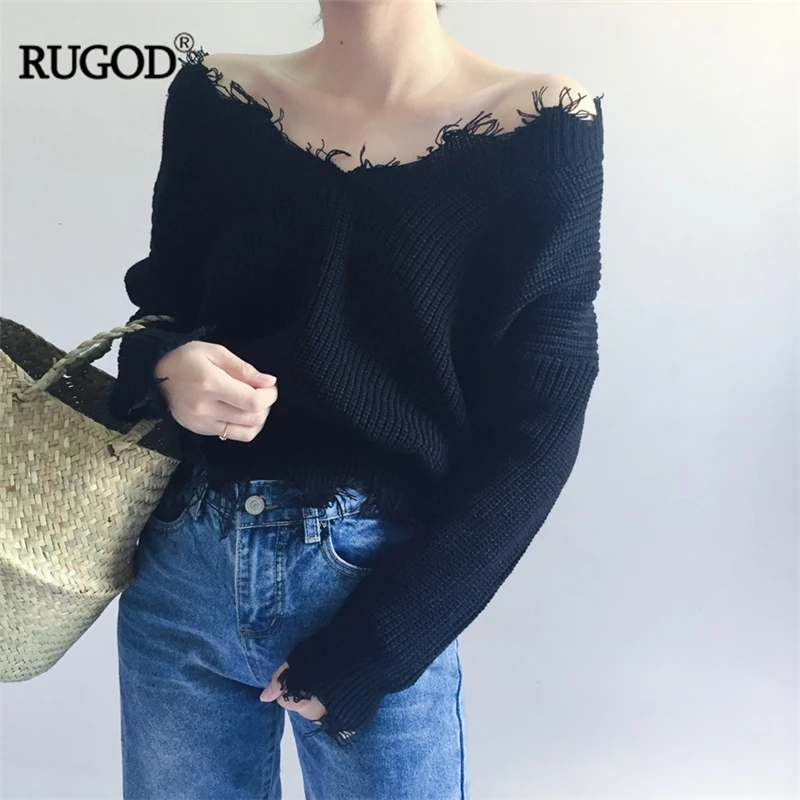 

RUGOD 2018 New Arrivals Lantern Sleeev Sweater Women Knitted Pullover Autumn Loose Outwear v-Neck Office Lady Tassel Sweaters