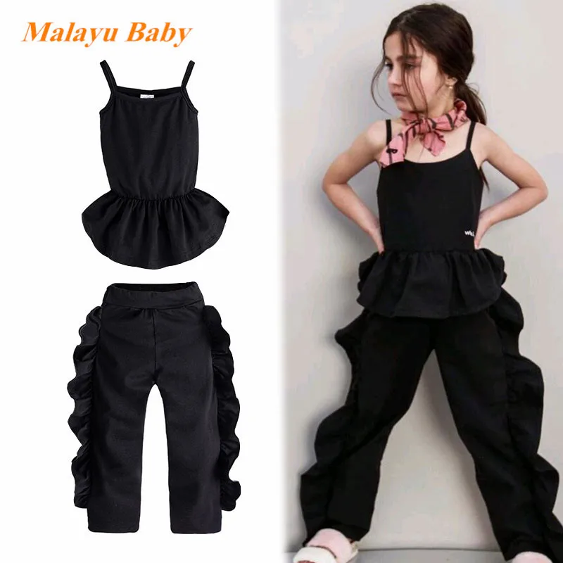 

Malayu Baby 2019 summer new kids clothes set 1-5 Y Girls solid color sling tops + ruffled decorative trousers 2Pcs kids clothes