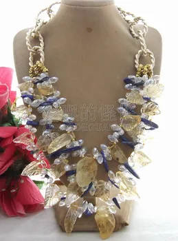 

N080152 20" 3 Rows Stone Lapis Crystal Chain Necklace