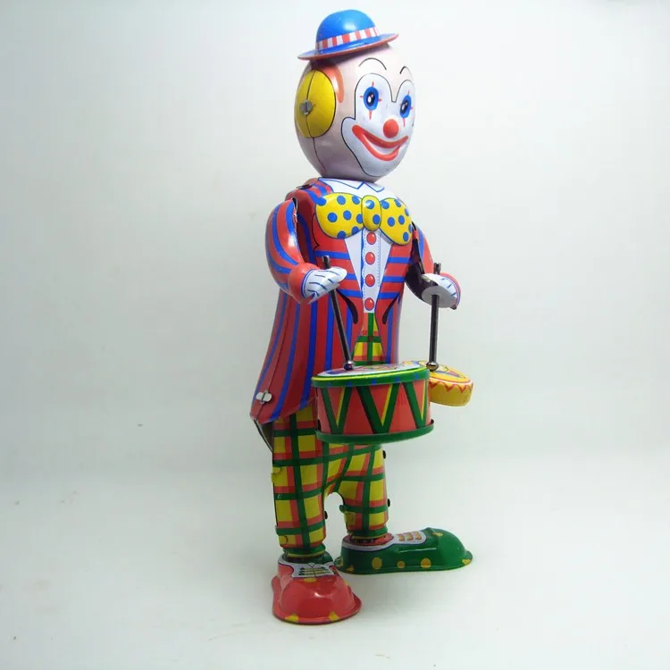 

[Best] Classic collection Retro Clockwork Wind up Metal Walking Tin Toy Drumming Clown drummer Robot Mechanical toys kids gift