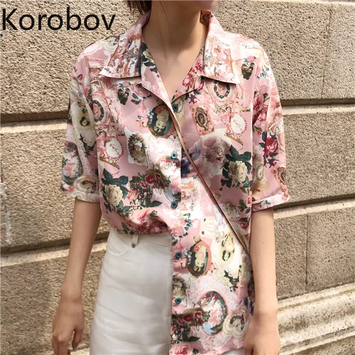 

Korobov Women Blouse Turn-down Collar Short Sleeve Female Shirts Korean Cartoon Print Shirt Beach Style Mujer Blusas 77243