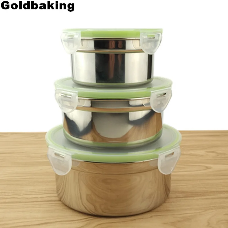 

Goldbaking Round Lunch Box Stainless Steel Bento Box 3 Pieces 280/500/900ml Leak Proof Lunch Container