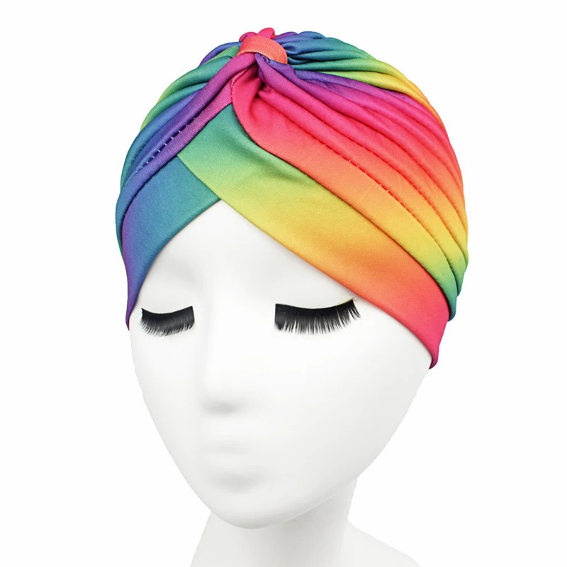 Мусульманская женская шапка, раковая шапка после химиотерапии, шапка для выпадения волос, плиссированный головной шарф, тюрбан, головной убор, покрывало с принтом, модные шапочки, новинка - Цвет: rainbow