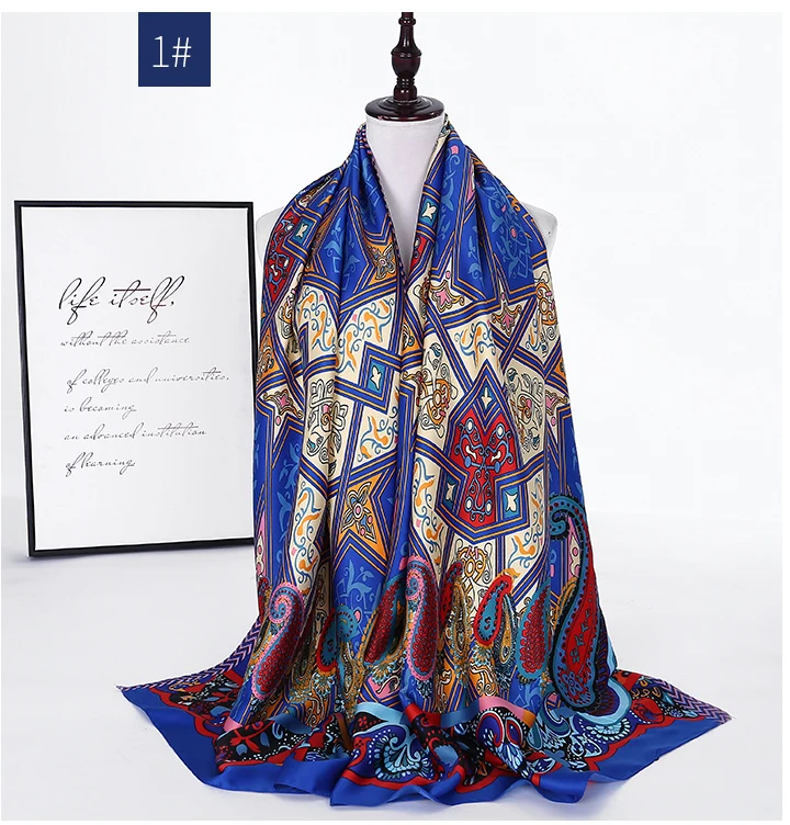 

Silk Scarf Luxury hot Women Shawls New Fashion Long Silk Scarves Satin blue Print hijab Shawl High Quality Hijab Scarves FJ060