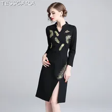 TESSCARA, женское весенне-осеннее элегантное офисное платье, женские дизайнерские вечерние платья с вышивкой, винтажное черное платье для женщин