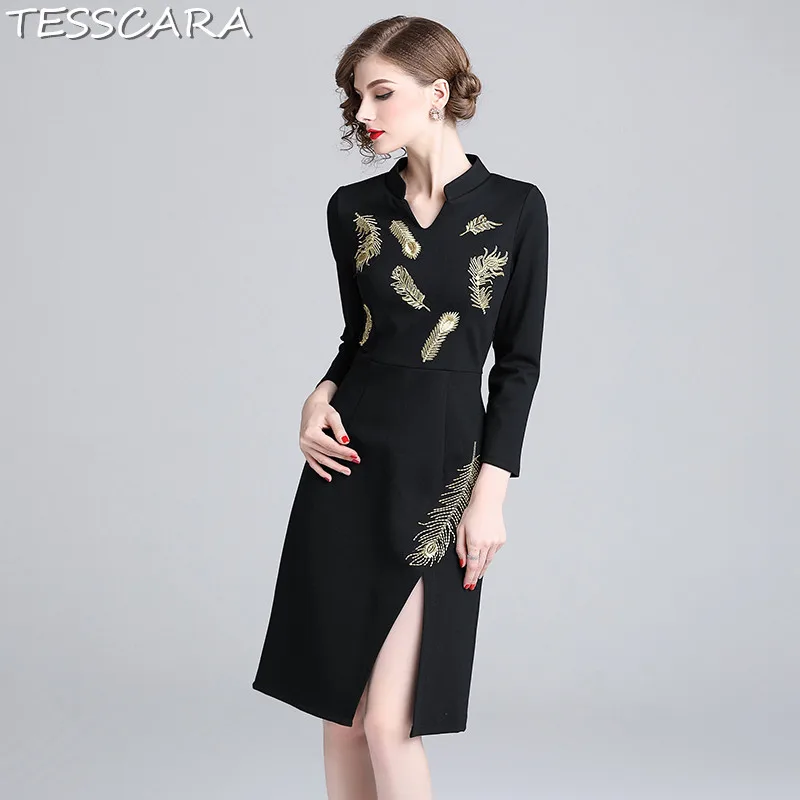Женское винтажное платье TESSCARA черное с вышивкой для офиса на весну и