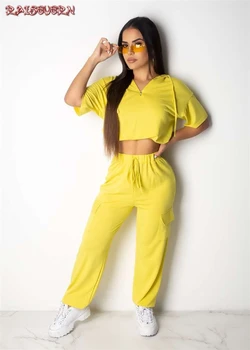 

RAISEVERN T-shirt And Long Pants 2 Piece Women's Sets Hooded Long Sleeve Short Tops High Street Cool Girl Yellow Tracksuits