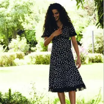 

Women Dresses 2018 High Quality Summer Runway V-neck Short Sleeve Dot Printed Lady Elegant Dress NPD0720