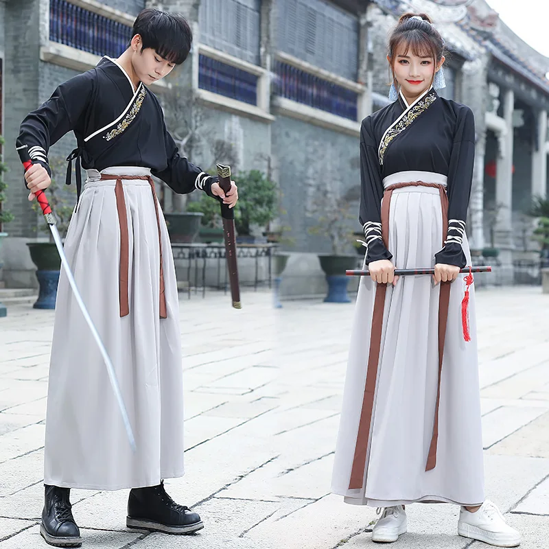 Мужские черные топы Hanfu серые юбки китайские танцевальные костюмы традиционная старинная Китайская одежда Восточный халат сценический наряд DN2568