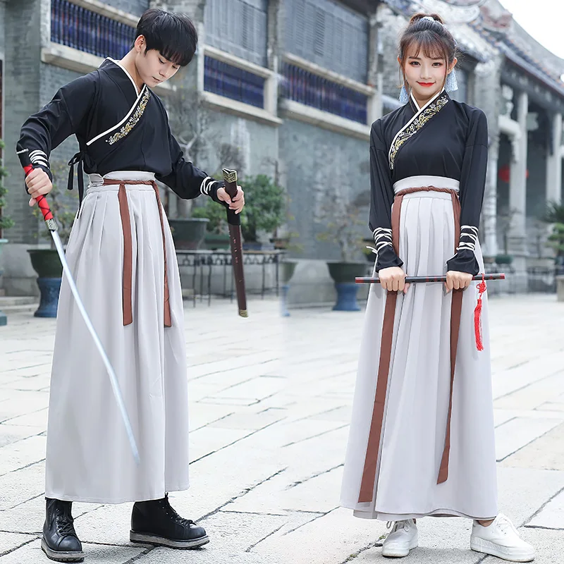 Men Hanfu Black Tops Gray Skirts Chinese Dance Costumes Traditional ...