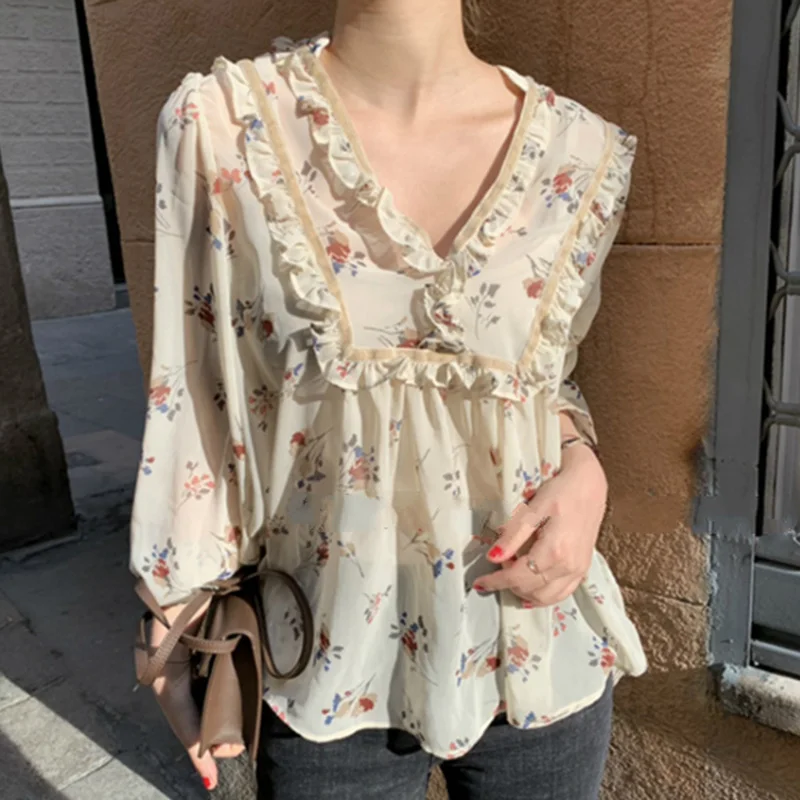 Spring Summer Thin Chiffon Blouse Ruched Hem High Waist