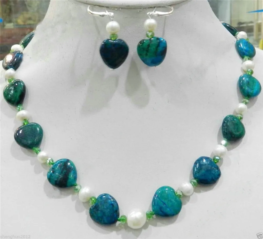 

NEW 15MM HEART AZURITE GEMS PHOENIX & 6-7mm WHITE PEARL NECKLACE EARRING T6465RT