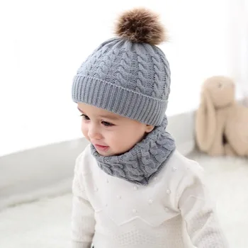 

1Set Children Winter Knitted Hat Warm Soft Scarf Plush Ball Beanies Cap M09