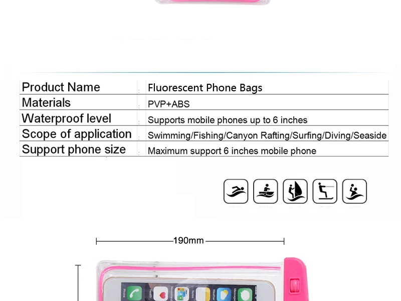 Сенсорные флуоресцентные водонепроницаемые сумки для мобильного телефона для iPhone 6S, чехол для плавания, чехол для телефона, сумка для хранения, чехол, сухой Чехол