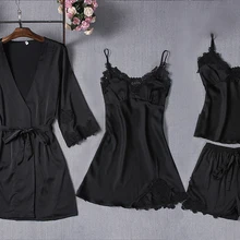 Черный женский комплект из 4 предметов: топ на бретелях и штаны Пижама комплекты одежды для сна Весенняя домашняя ночная рубашка соблазнительное кимоно Халат