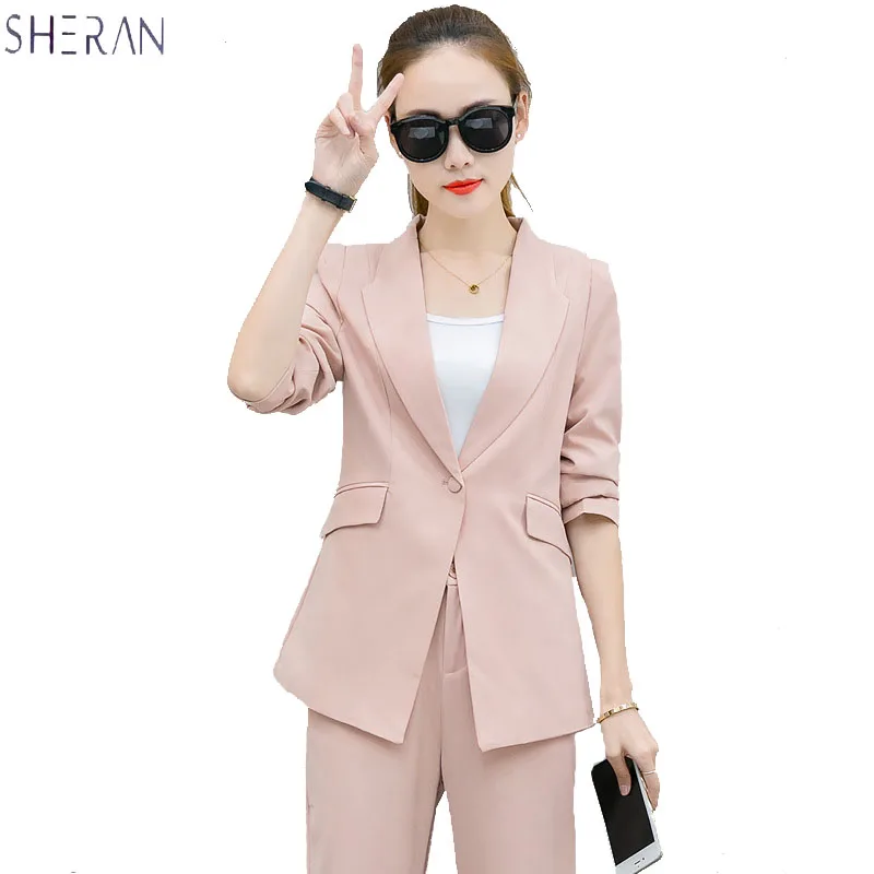 SHERAN костюм женский Весенний элегантный Офисные женские Бизнес костюмы женские комплекты из двух предметов куртки и брючный костюм деловая женская одежда женский костюм - Цвет: pink