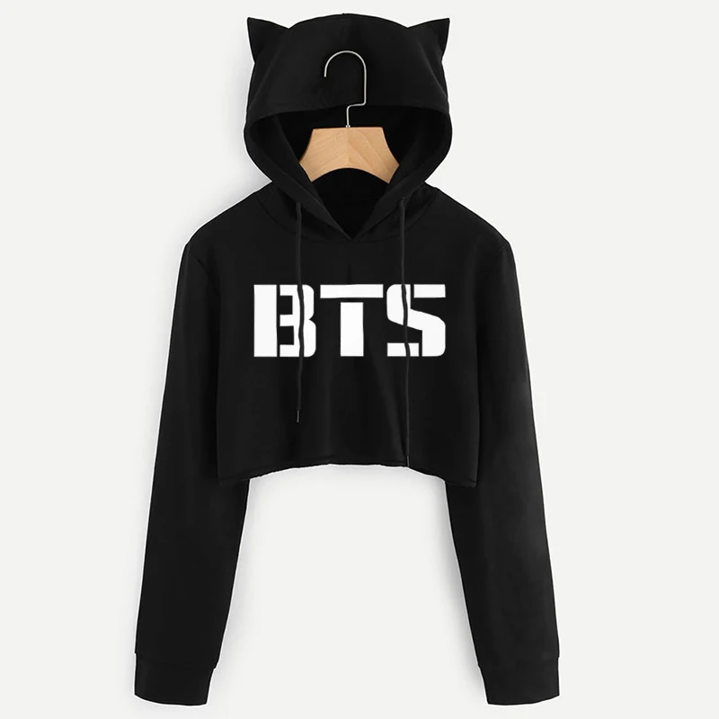 Bts Kpop Long Sleeve Cropped Hoodies Sweatshirt Women Black Casusl Cat Print Hooded Pullover