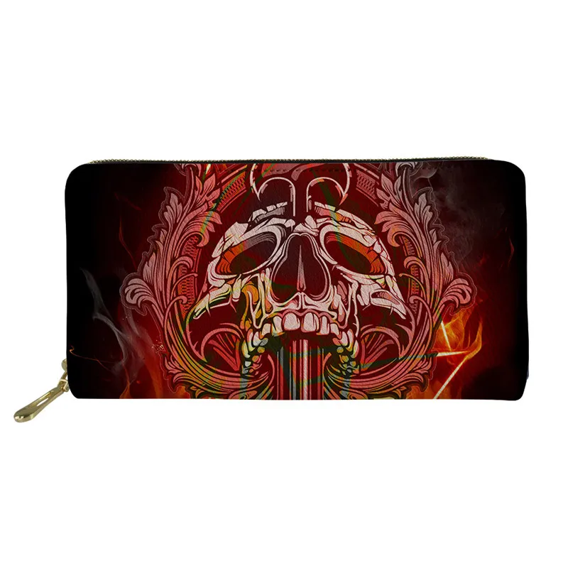 

THIKIN Flame Skull Print Super Cool Men Leather Wallet Zipper Travel Long Purse Bags Boys Card Wallets Custom Fashion Coin Purse