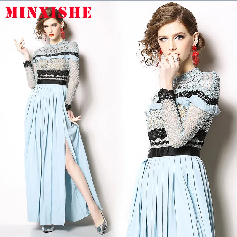 

Autumn woman Dress 2019 Sexy Lace Mesh Draped Vintage Elegant plus size Maxi Long sleeve Ruffle Casual blue party ladies Dress