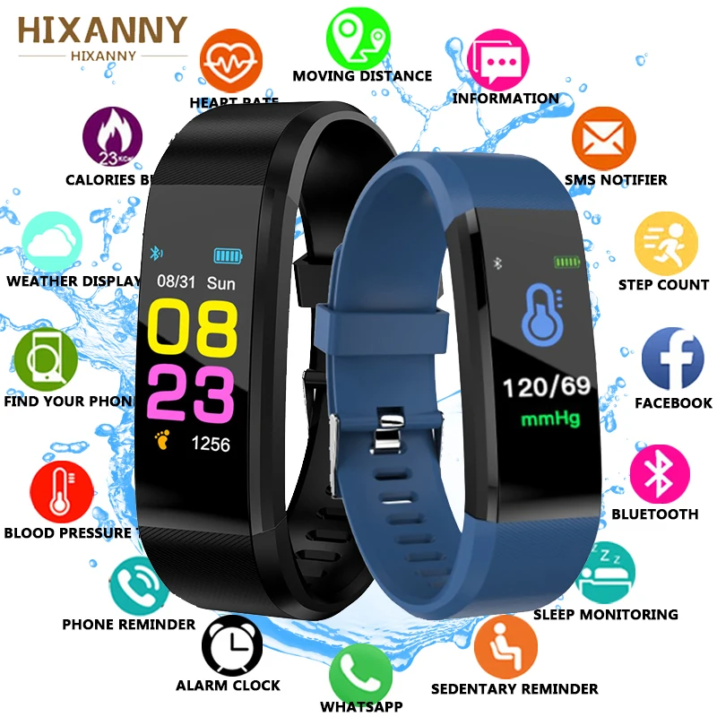 

2019 Waterproof Smart Bracelet Watch Wristband 115 Plus Blood Pressure Monitoring Heart Rate Monitor Smart Fitness Band + Box