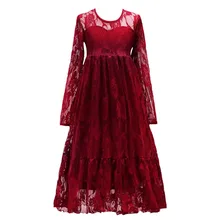 Детское платье с цветами для девочек кружевное платье с длинными рукавами и вырезом на ноге на свадьбу для подружки невесты, на вечеринку или Выпускной вечер платья принцессы с кружевом и Высокая Талия Плиссированное длинное платье