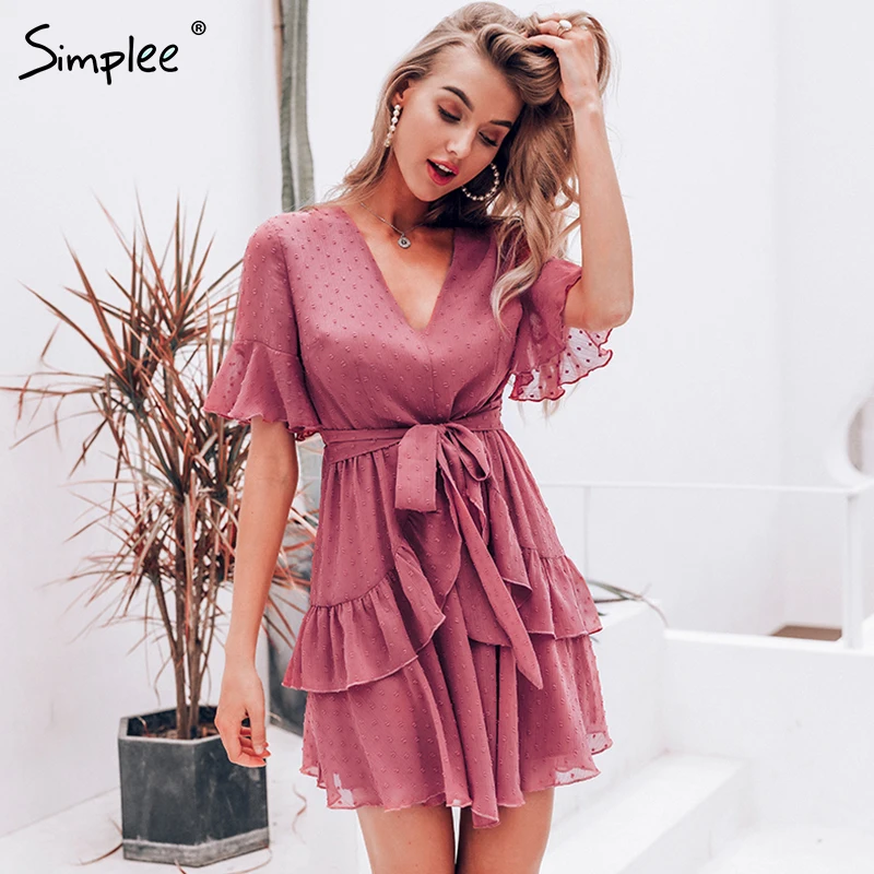 Preise Simplee Sexy v ausschnitt polka dot frauen kleid Sommer stil schicht rüschen chiffon kurze sommerkleid Elegante zipper urlaub vestidos 2019