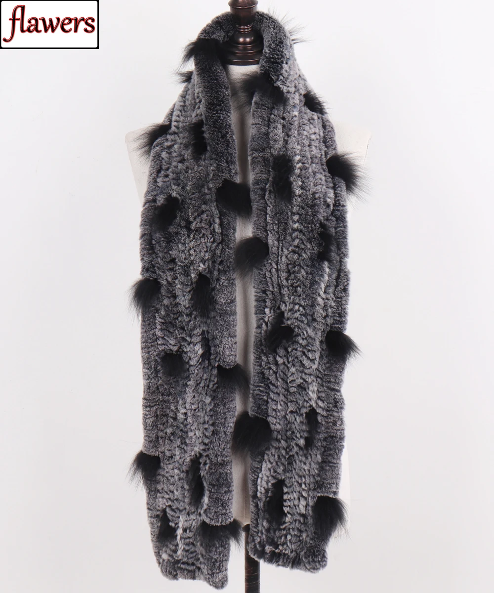 

2019 New Women Knitted Rex Rabbit Fur Scarves Luxury Long Style Real Fur Muffler Ladies Winter Warm 100% Natural Fox Fur Scarf