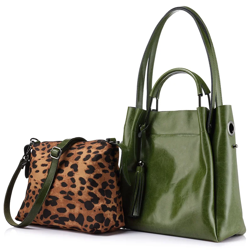 Realer женские сумки Высокое качество яловичный спилок кожаная сумка большая емкость Женская леопардовая расцветка плеча сумки - Цвет: green