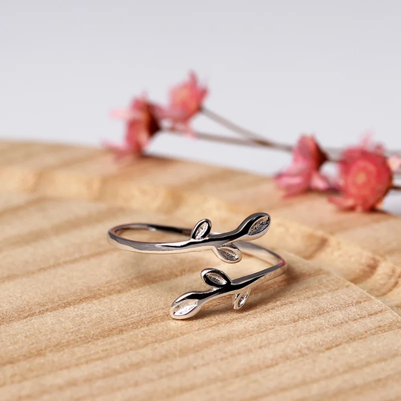 leaf open ring 100% Sterling 925 silver Jewelry Vintage Adjustable rings for women gift free size